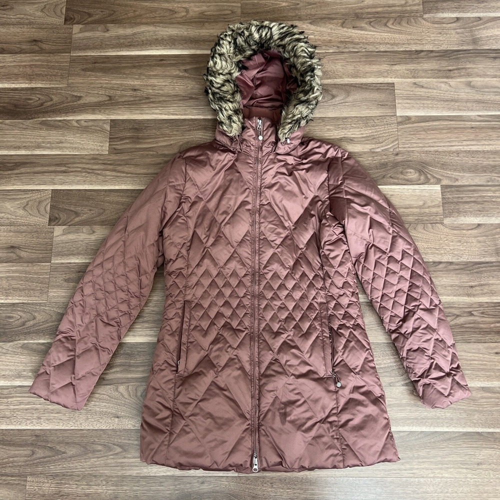 Eddie Bauer Lodge Down Long Coat Womens Size Medium Muave Pink Faux Fur EB550 - Picture 1 of 12